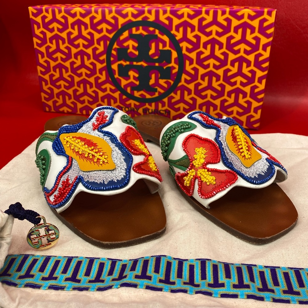 Tory Burch Bianca floral beaded flat sandals size 7 1/2 - Picture 4 of 14